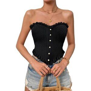💖 Knitted Strapless Crop Top | Ruffle Trim & Pearl Button